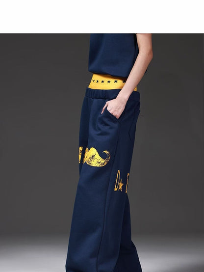DETW onLine Navy Lettering Patchwork Double Waist Straight Women&
