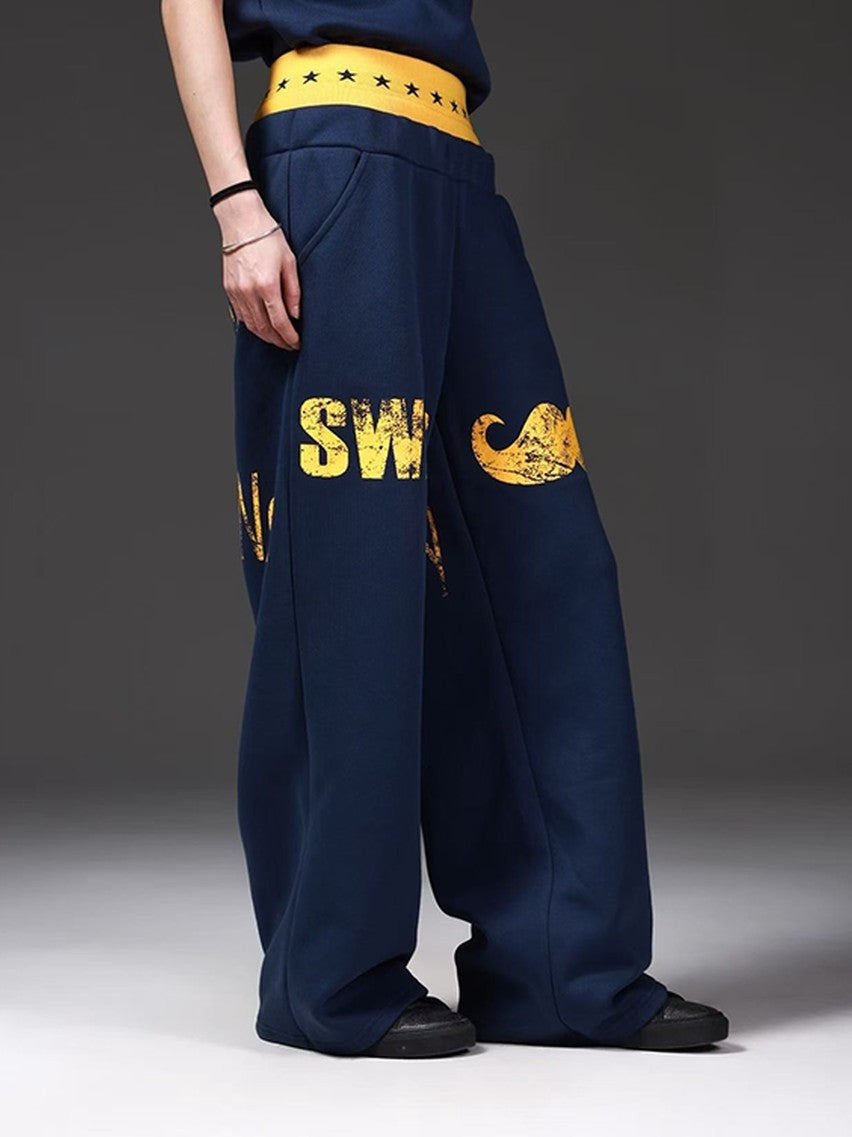 DETW onLine Navy Lettering Patchwork Double Waist Straight Women&
