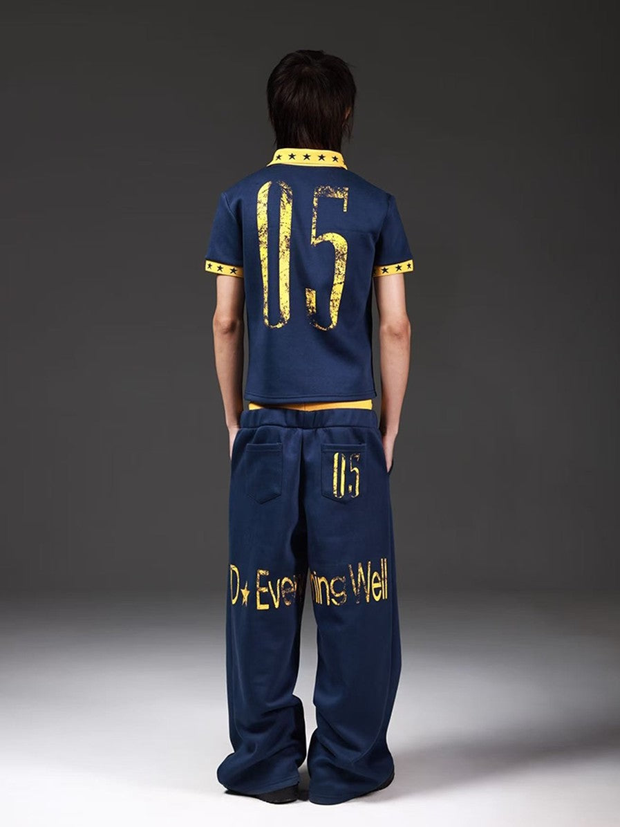 DETW onLine Navy Lettering Patchwork Double Waist Straight Women&