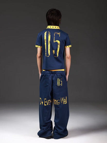 DETW onLine Navy Lettering Patchwork Double Waist Straight Women&