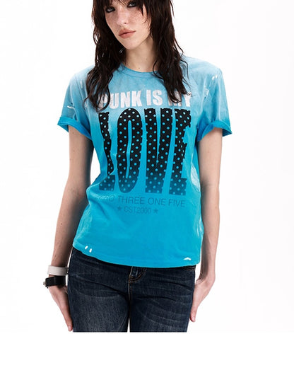 DETW onLine Ombre Polka Love Print Washed Raw Hem Women&
