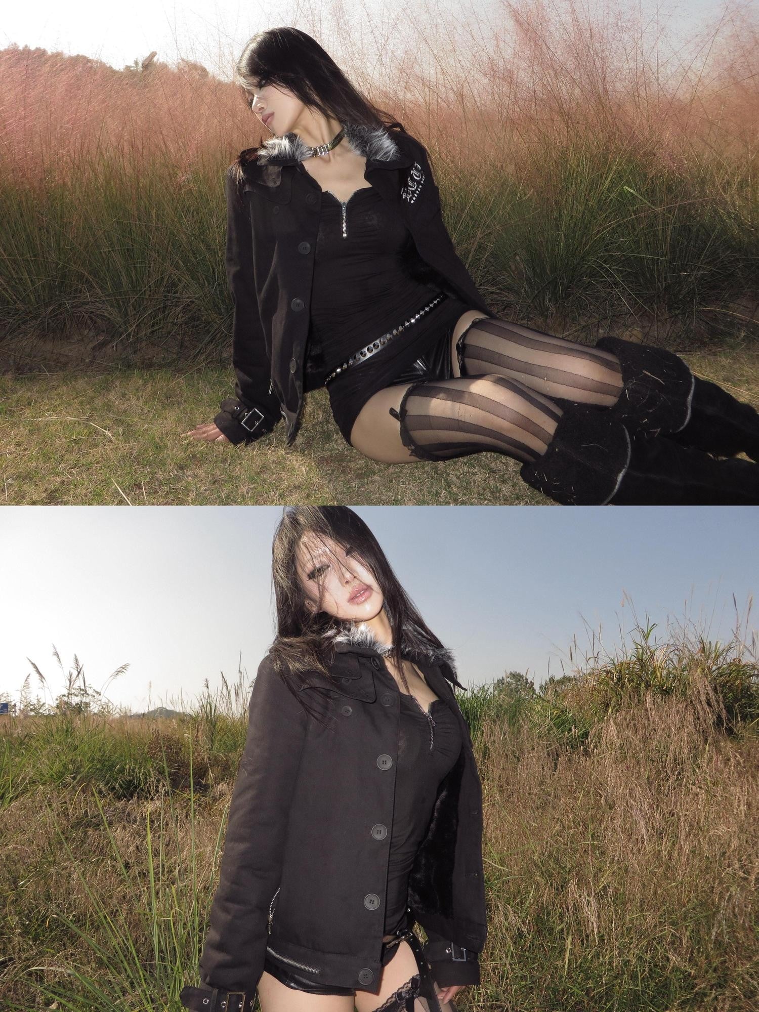 DETW onLine Palace Single Breasted Fur Collar Metal Eagle Women&