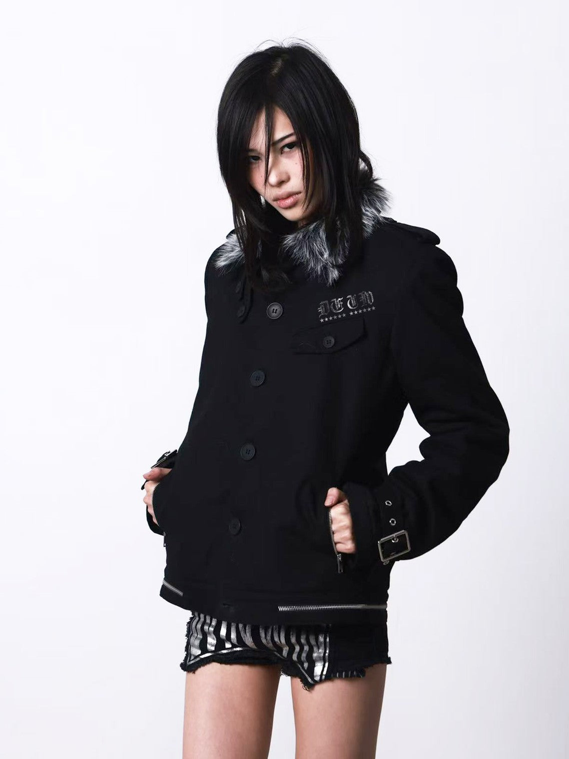 DETW onLine Palace Single Breasted Fur Collar Metal Eagle Women&