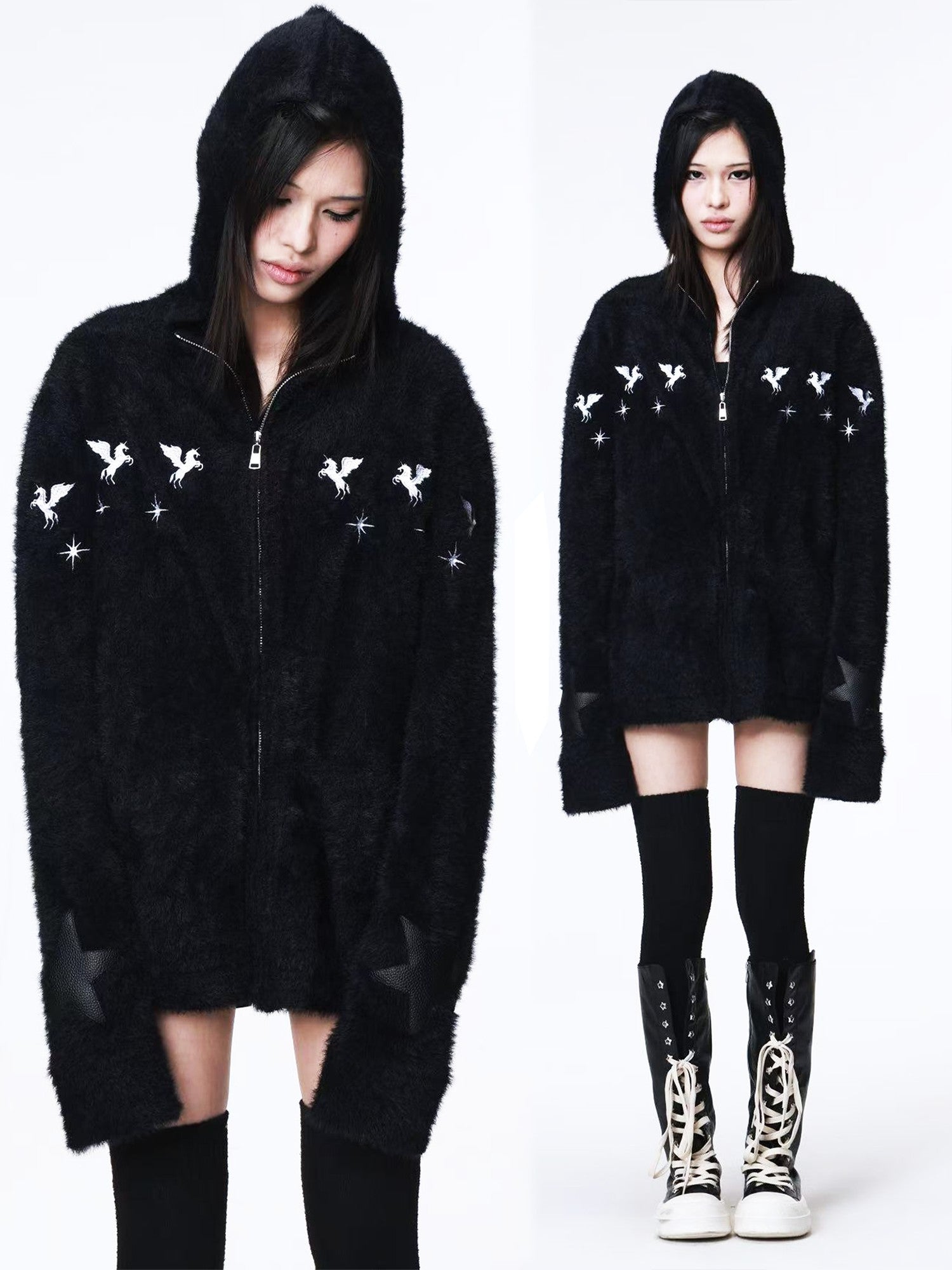 DETW onLine Pegasus Star Leather Embroidered Zipper Hooded Loose Women&