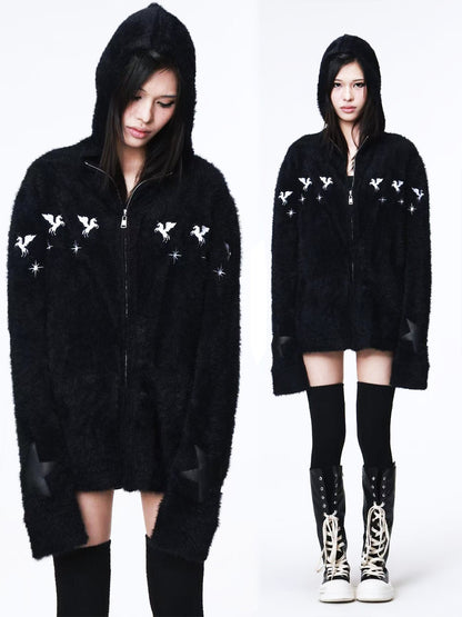 DETW onLine Pegasus Star Leather Embroidered Zipper Hooded Loose Women&