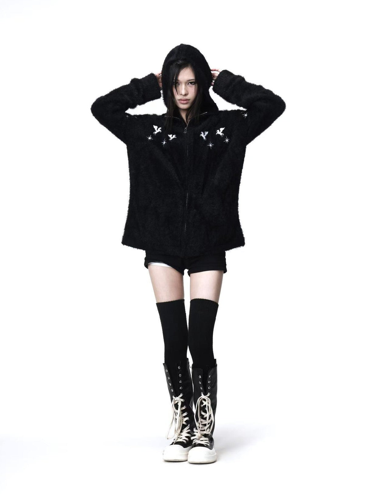 DETW onLine Pegasus Star Leather Embroidered Zipper Hooded Loose Women&