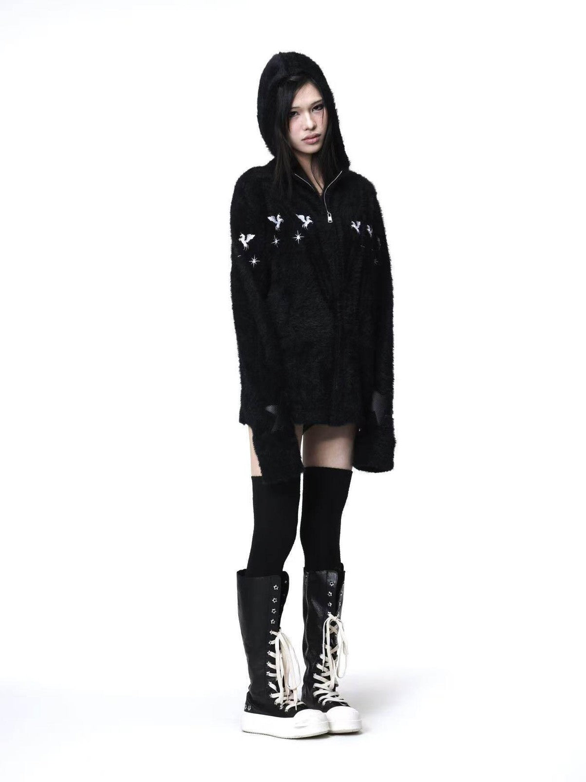 DETW onLine Pegasus Star Leather Embroidered Zipper Hooded Loose Women&