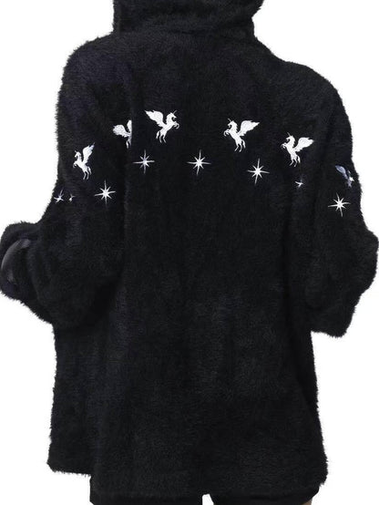 DETW onLine Pegasus Star Leather Embroidered Zipper Hooded Loose Women&