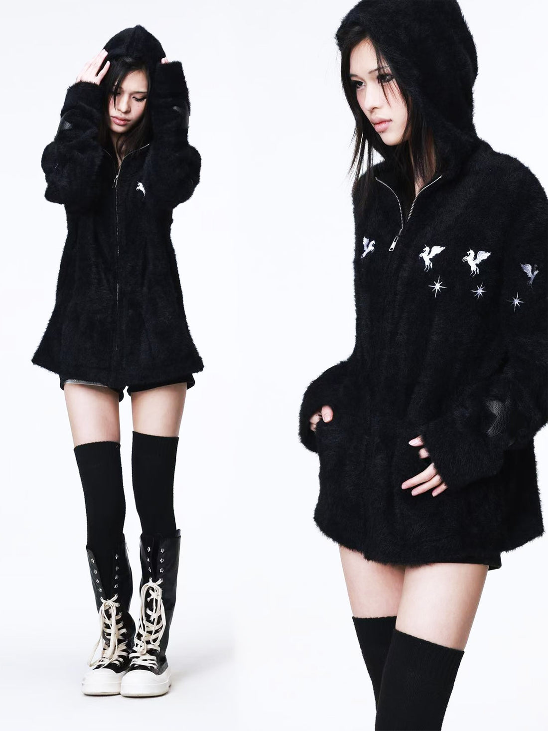 DETW onLine Pegasus Star Leather Embroidered Zipper Hooded Loose Women&
