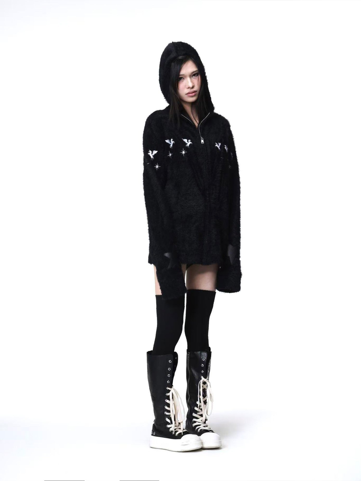 DETW onLine Pegasus Star Leather Embroidered Zipper Hooded Loose Women&