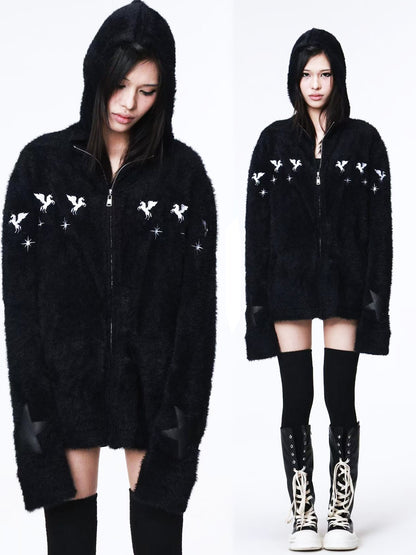 DETW onLine Pegasus Star Leather Embroidered Zipper Hooded Loose Women&