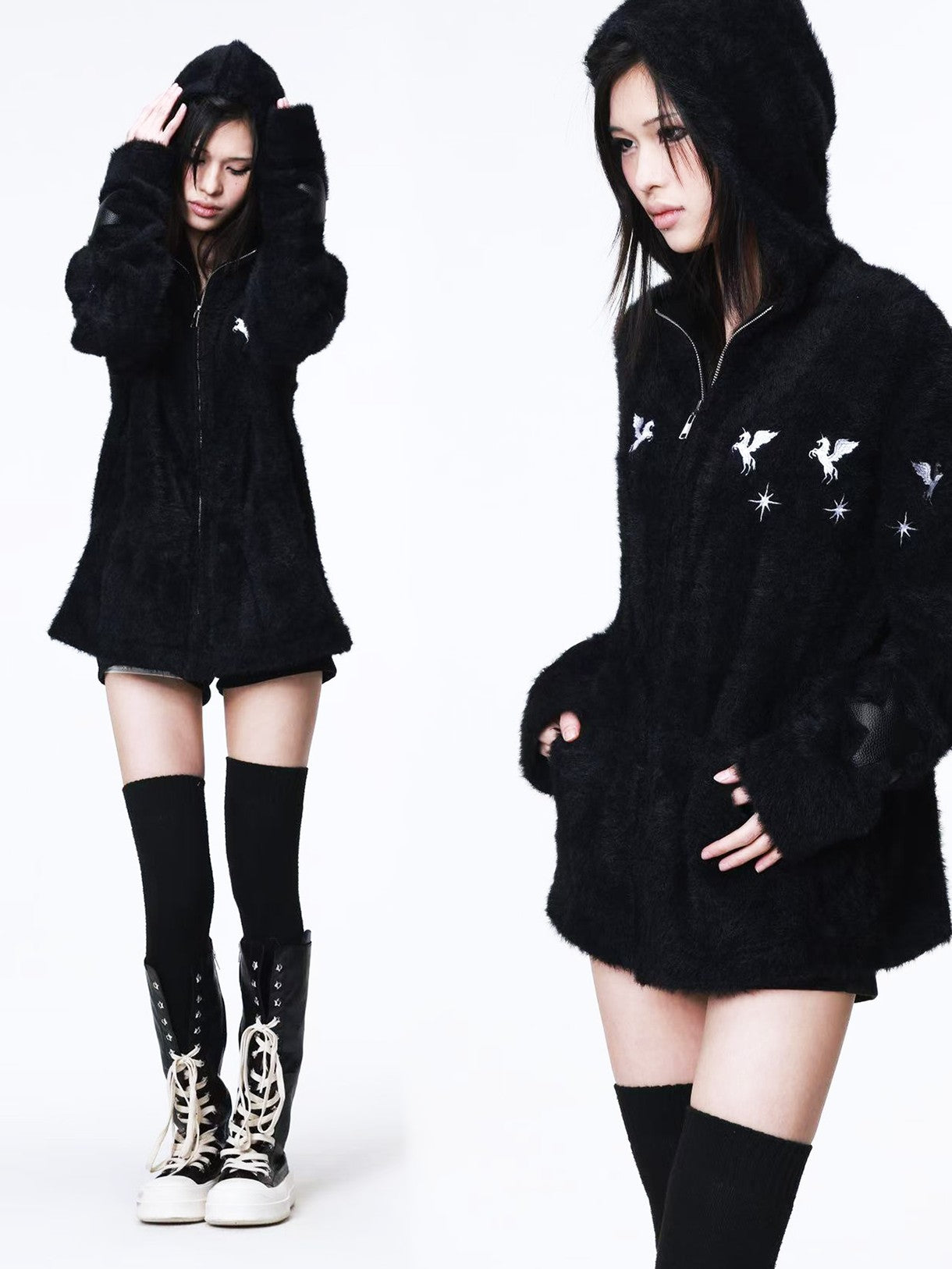 DETW onLine Pegasus Star Leather Embroidered Zipper Hooded Loose Women&