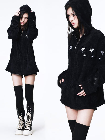 DETW onLine Pegasus Star Leather Embroidered Zipper Hooded Loose Women&