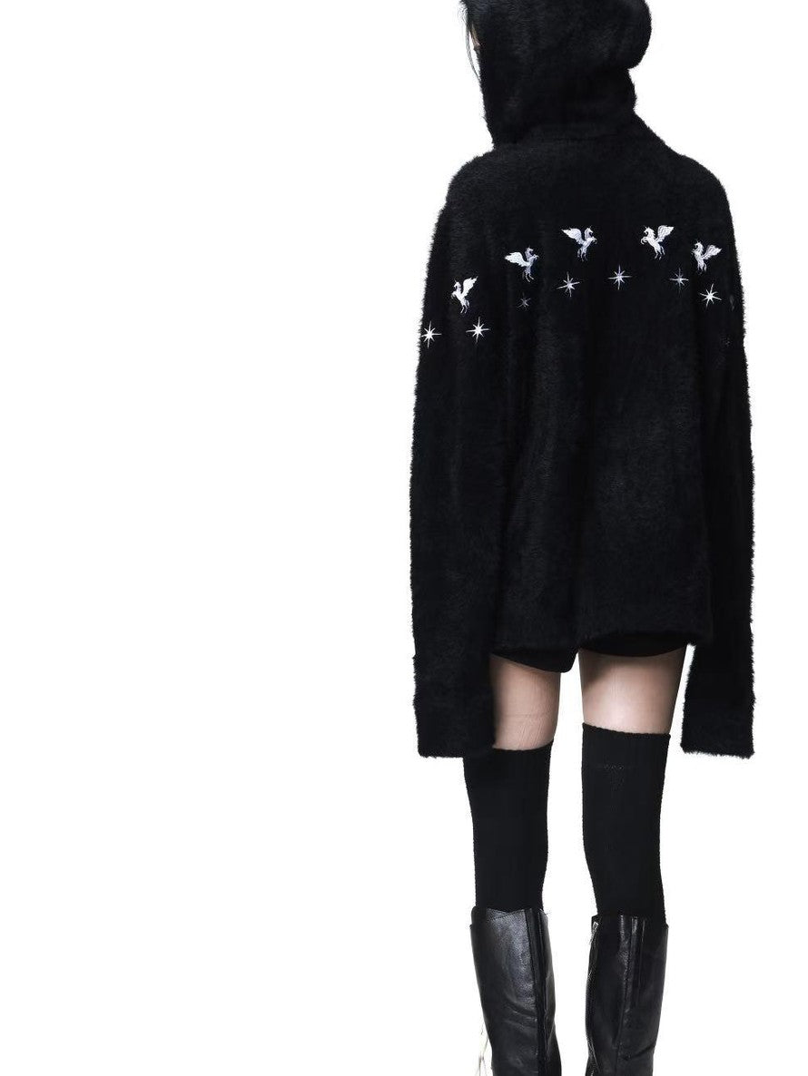 DETW onLine Pegasus Star Leather Embroidered Zipper Hooded Loose Women&