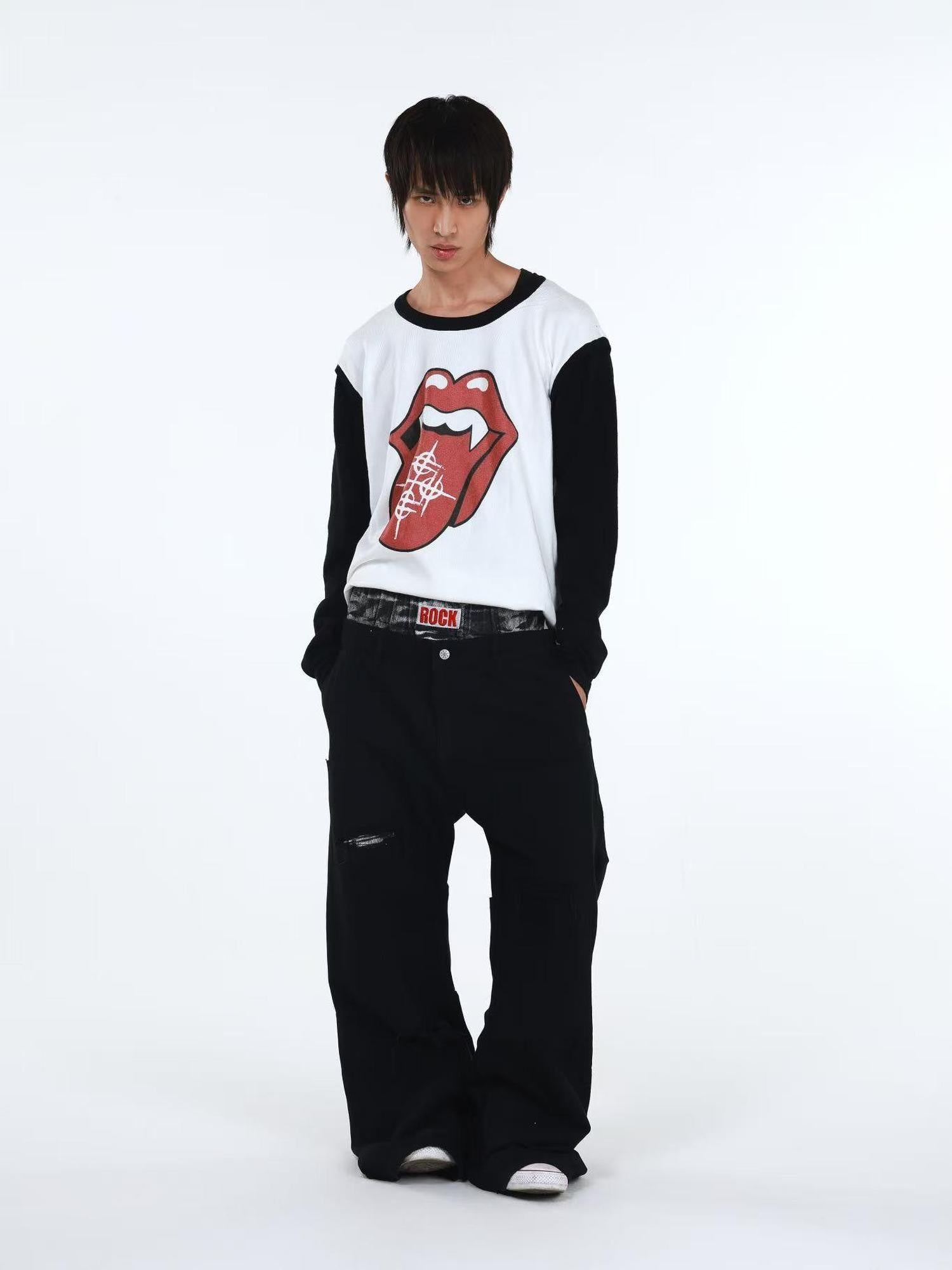 DETW onLine Playful Tongue Graphic Colorblock Knitted Women&