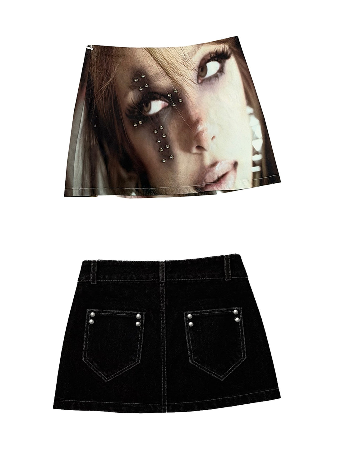 DETW onLine Portrait Print Studded Low Waist Side Slit Women&