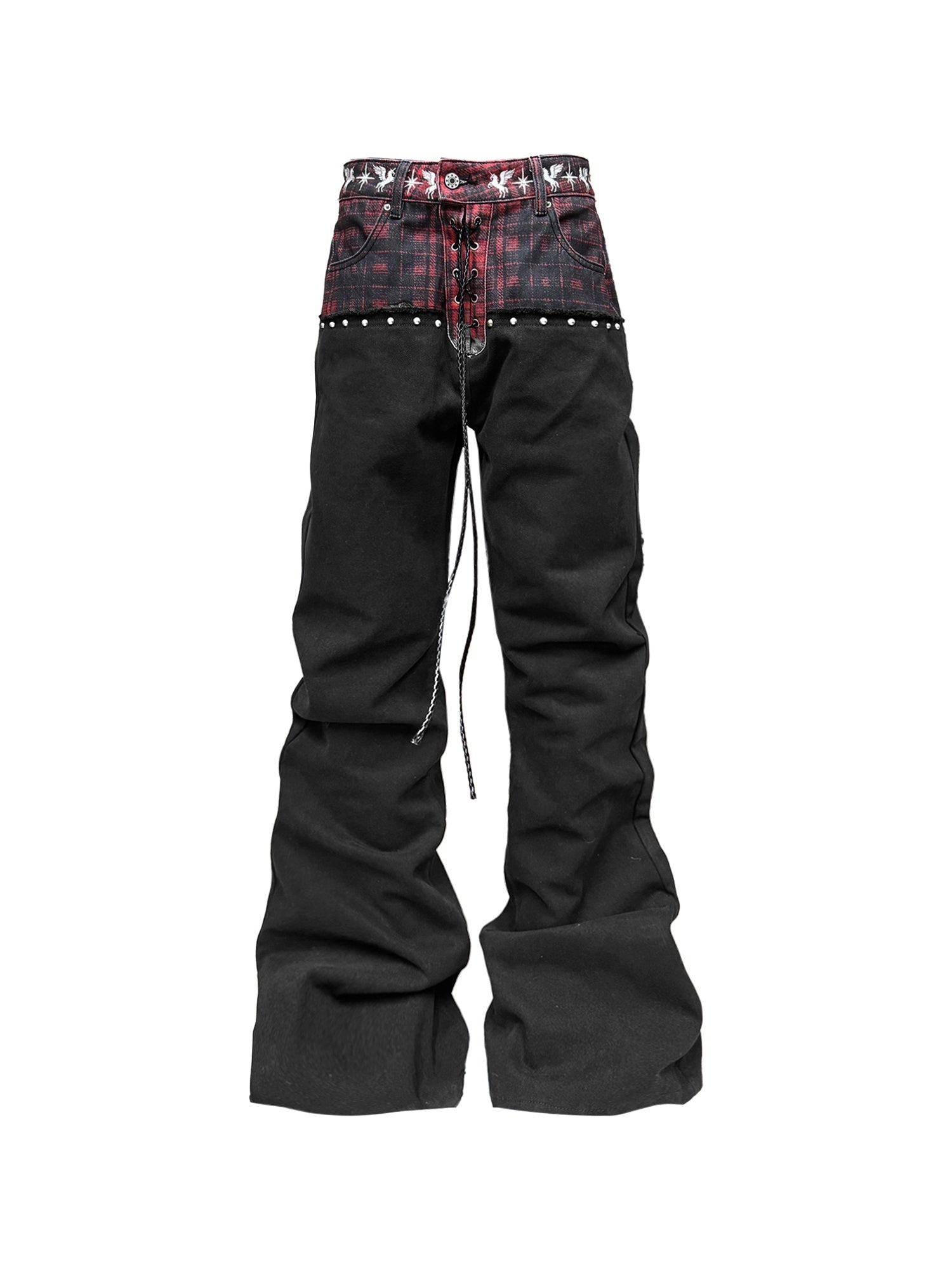 DETW_onLine_Red_Plaid_Distressed_Embroidered_Rivet_Beaded_Tie_Women&