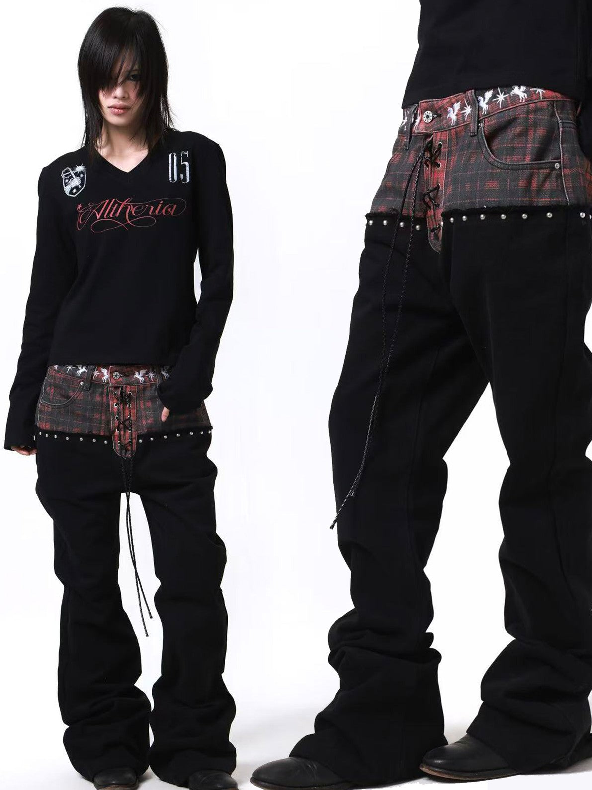 DETW onLine Red Plaid Distressed Embroidered Rivet Beaded Tie Women&