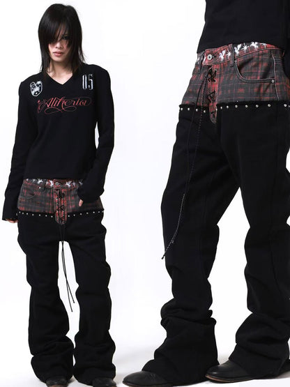 DETW onLine Red Plaid Distressed Embroidered Rivet Beaded Tie Women&