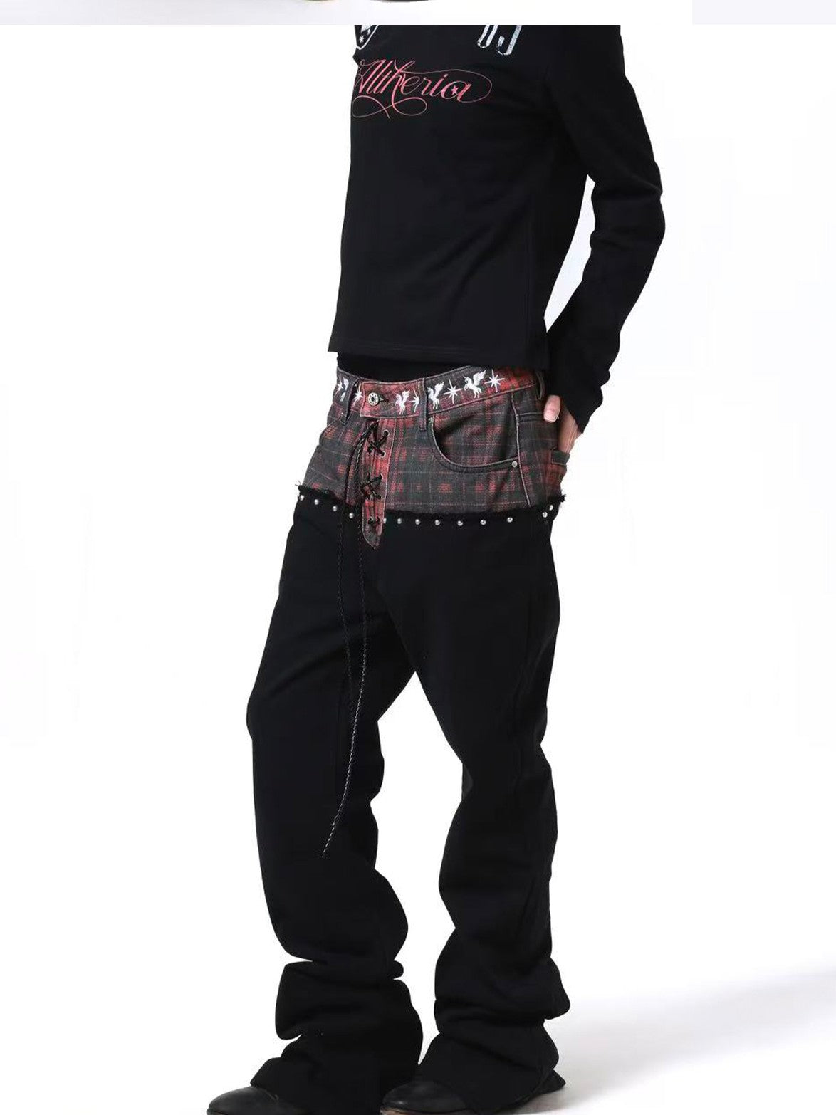 DETW onLine Red Plaid Distressed Embroidered Rivet Beaded Tie Women&