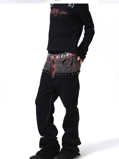 DETW onLine Red Plaid Distressed Embroidered Rivet Beaded Tie Women&