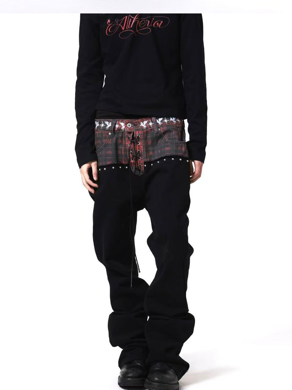 DETW onLine Red Plaid Distressed Embroidered Rivet Beaded Tie Women&