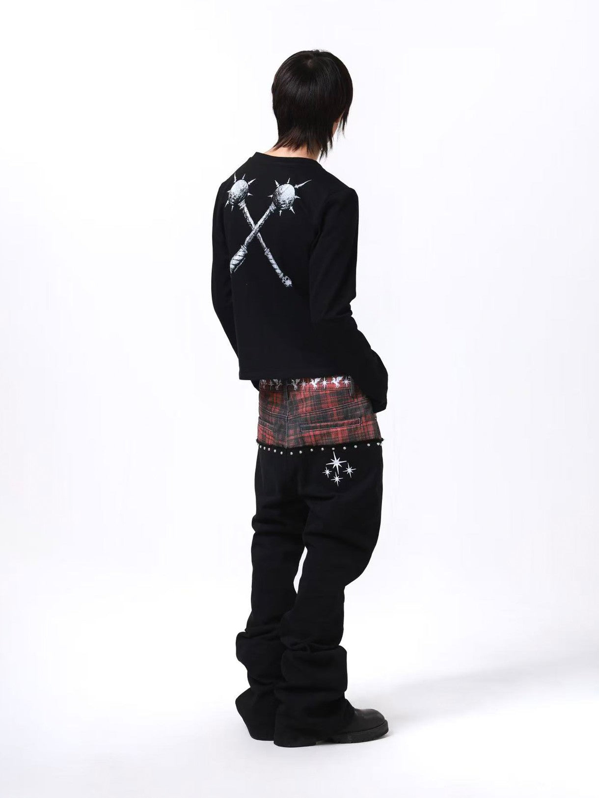 DETW onLine Red Plaid Distressed Embroidered Rivet Beaded Tie Women&