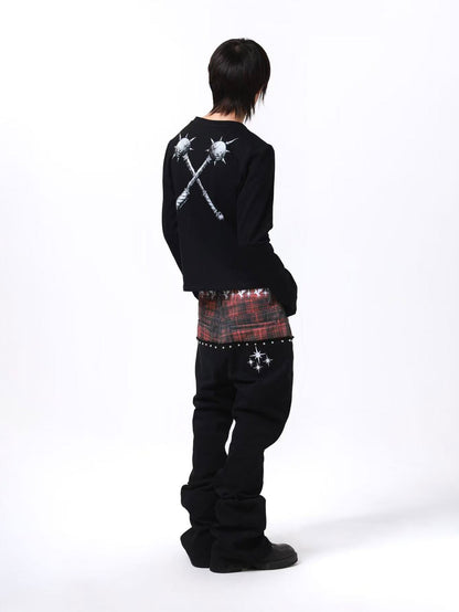 DETW onLine Red Plaid Distressed Embroidered Rivet Beaded Tie Women&