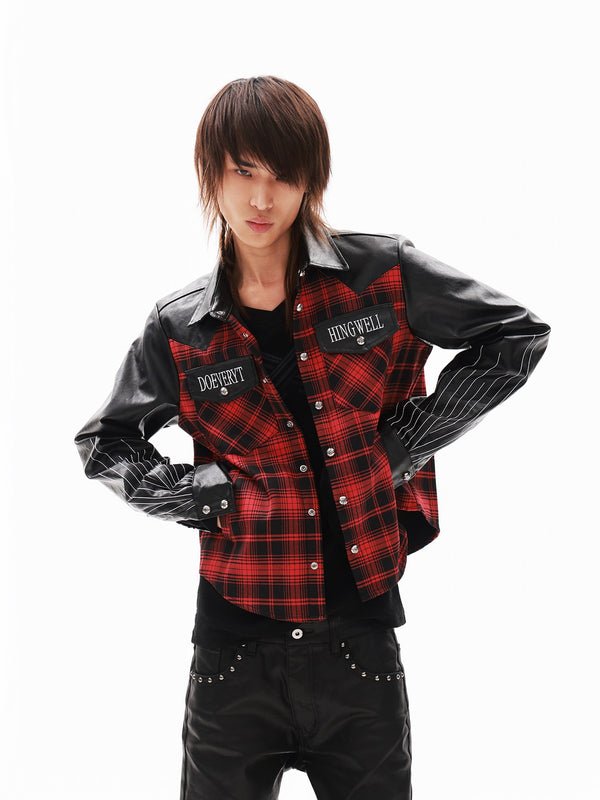Red Plaid Ray Embroidered Patchwork Women's Pu Leather Jackets