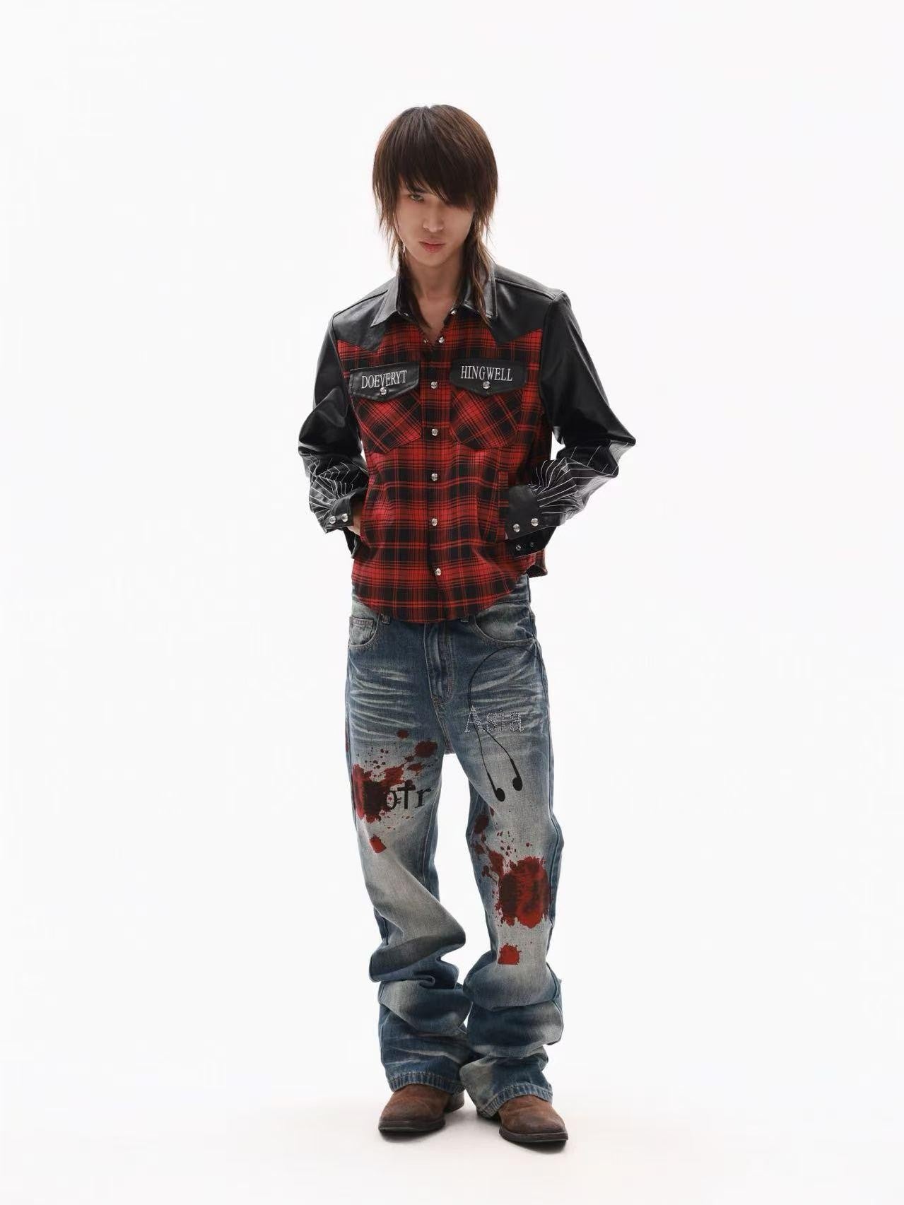 DETW onLine Red Plaid Ray Embroidered Patchwork Women&