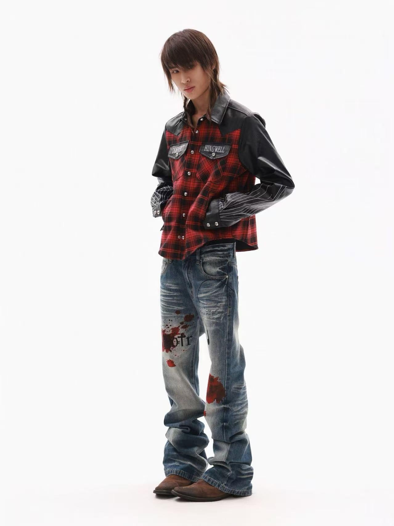 DETW onLine Red Plaid Ray Embroidered Patchwork Women&