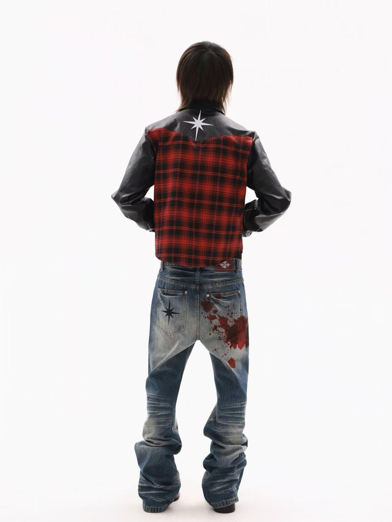 DETW onLine Red Plaid Ray Embroidered Patchwork Women&