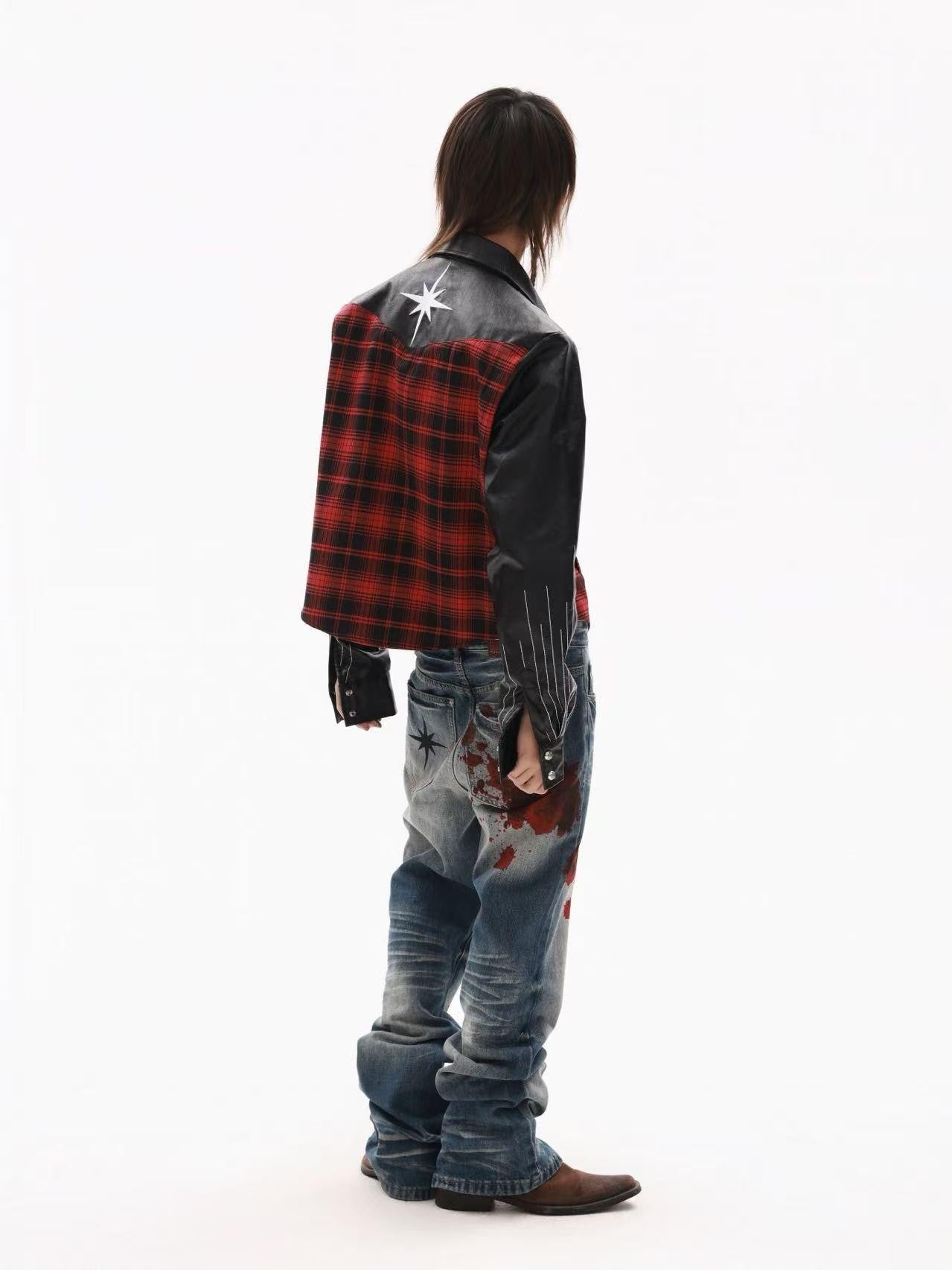 DETW onLine Red Plaid Ray Embroidered Patchwork Women&
