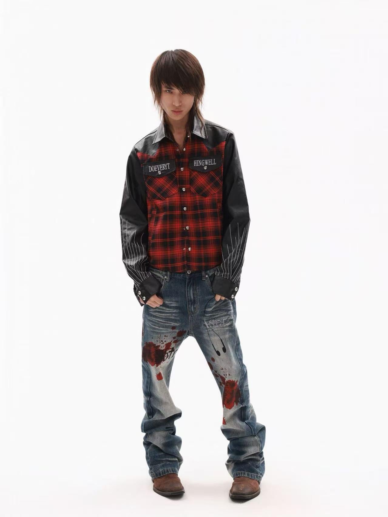 DETW onLine Red Plaid Ray Embroidered Patchwork Women&