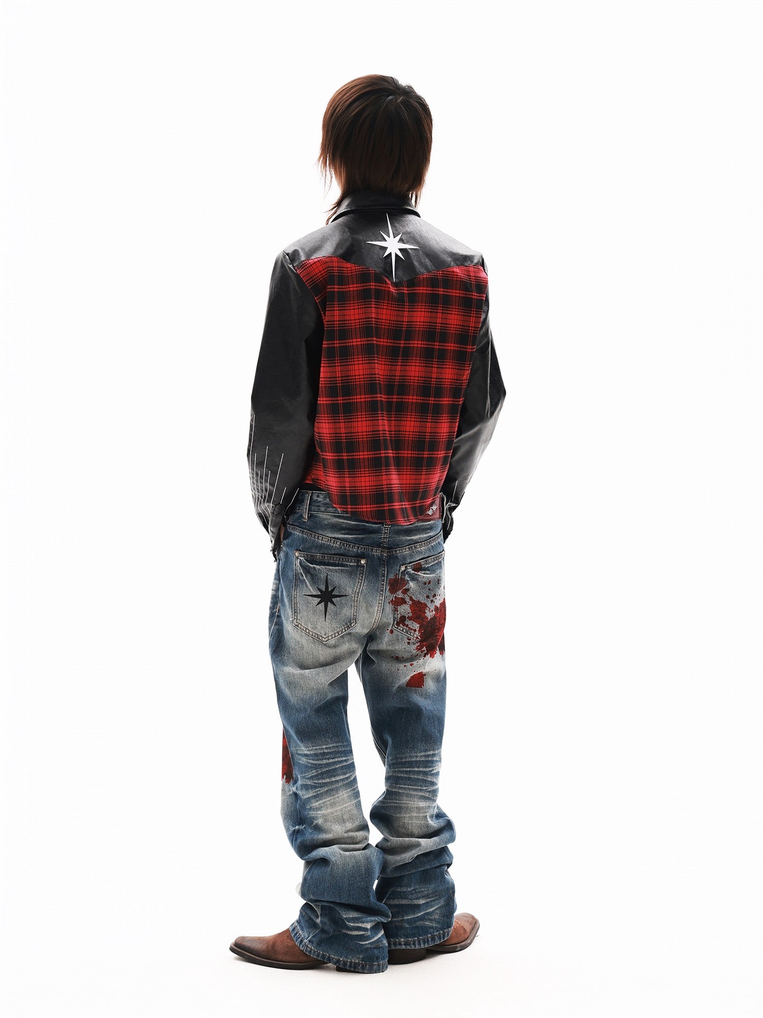 DETW onLine Red Plaid Ray Embroidered Patchwork Women&
