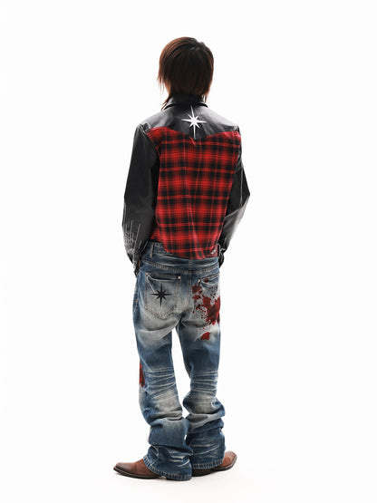 DETW onLine Red Plaid Ray Embroidered Patchwork Women&