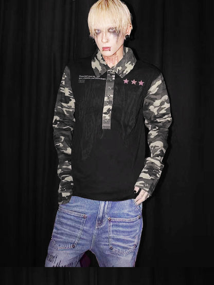 DETW onLine Red Star Camo Spliced Punk Polo Collar Women&