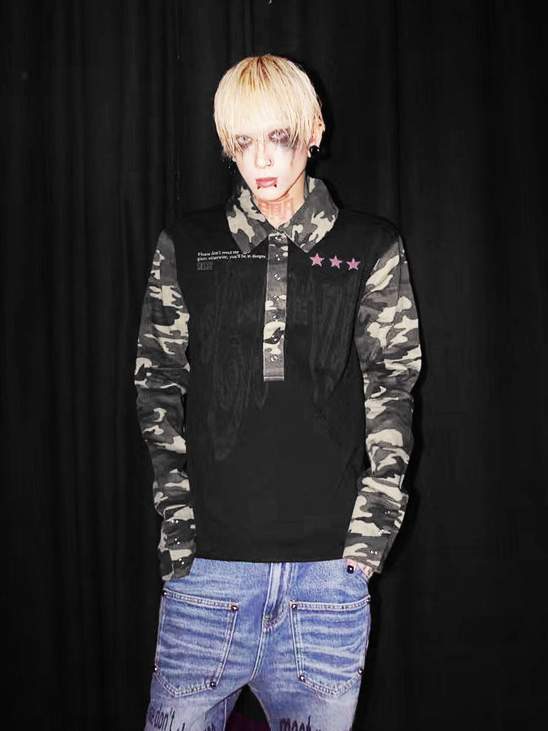 DETW onLine Red Star Camo Spliced Punk Polo Collar Women&