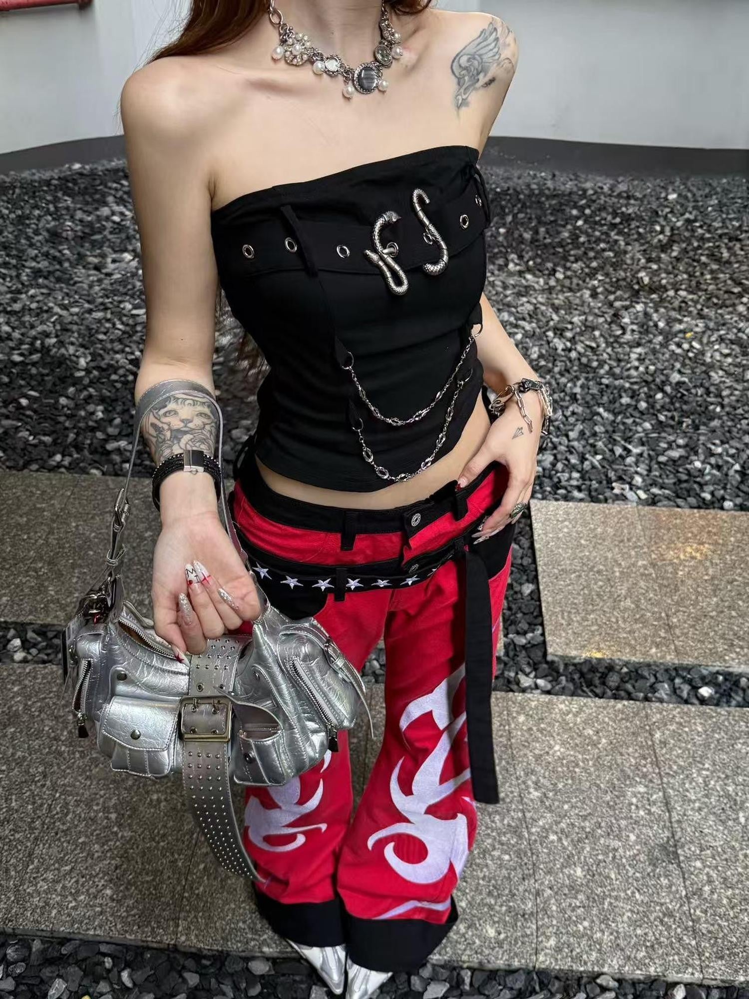 DETW onLine Red Totem Embroidered Ribbon Deconstructed Double Waist Women&