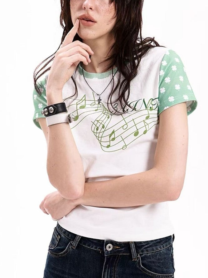 DETW onLine Rhinestone Music Note Clover Print Spliced Women&