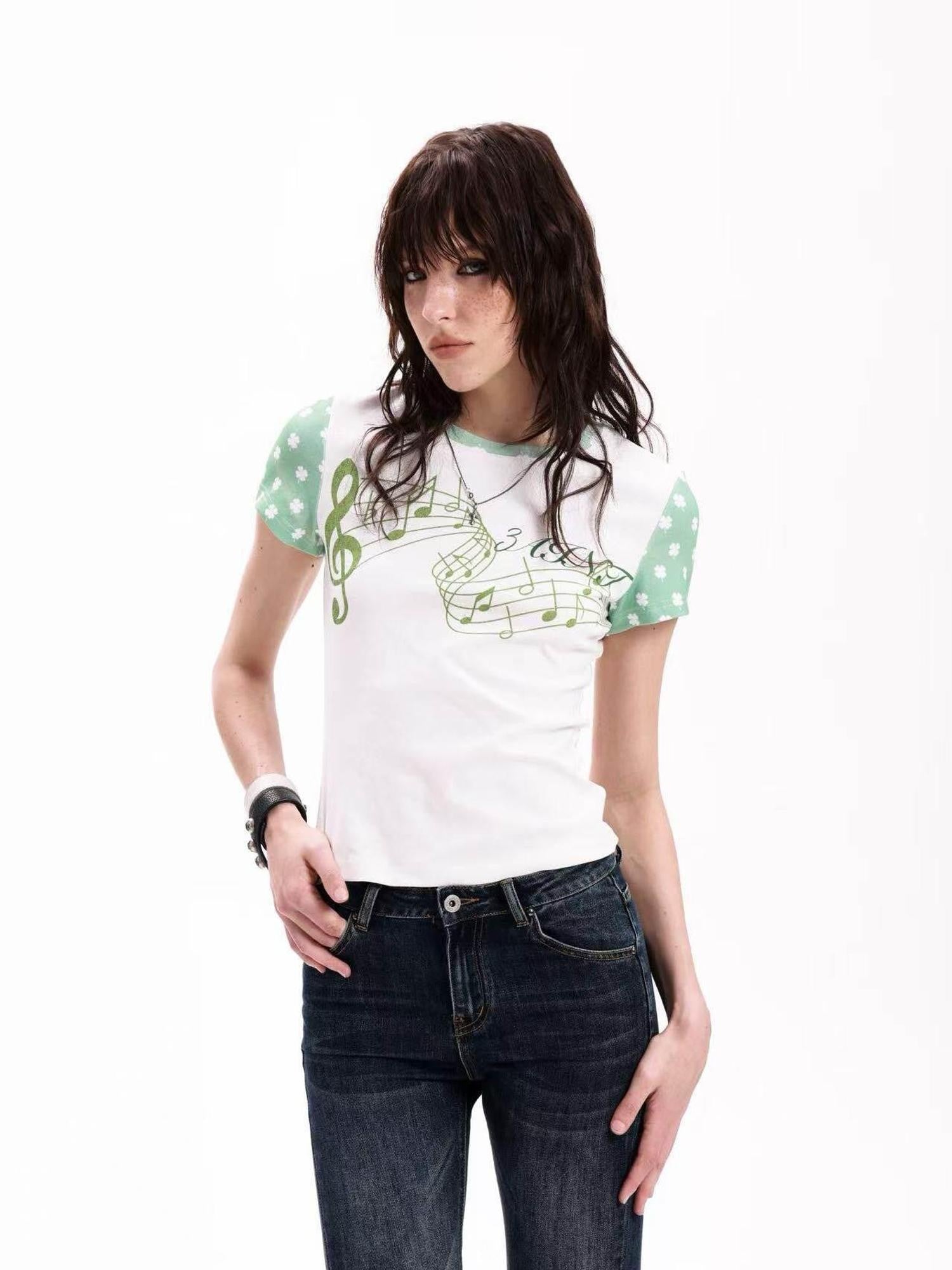 DETW onLine Rhinestone Music Note Clover Print Spliced Women&