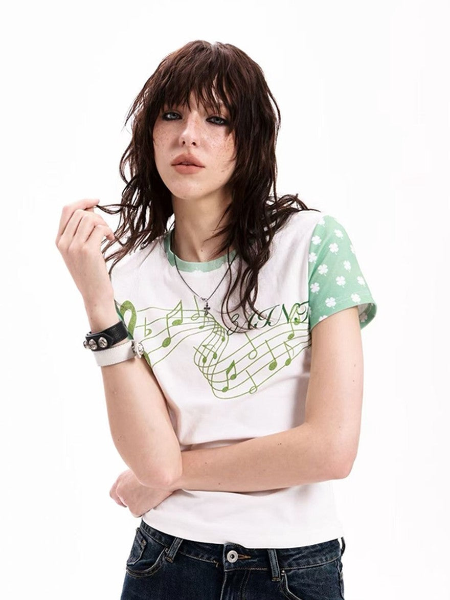DETW onLine Rhinestone Music Note Clover Print Spliced Women&