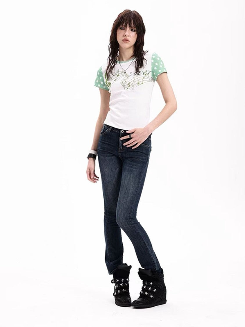 DETW onLine Rhinestone Music Note Clover Print Spliced Women&
