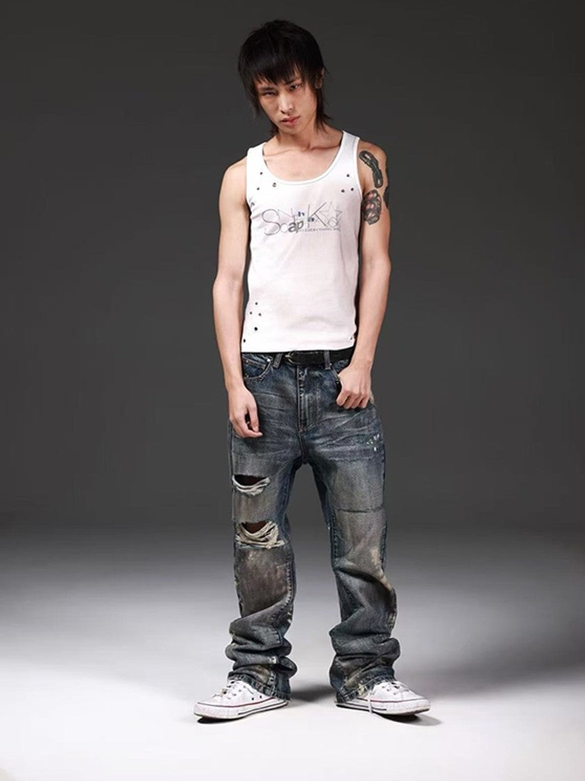 DETW onLine Rust Blue Ink Splash Distressed Ripped Women&