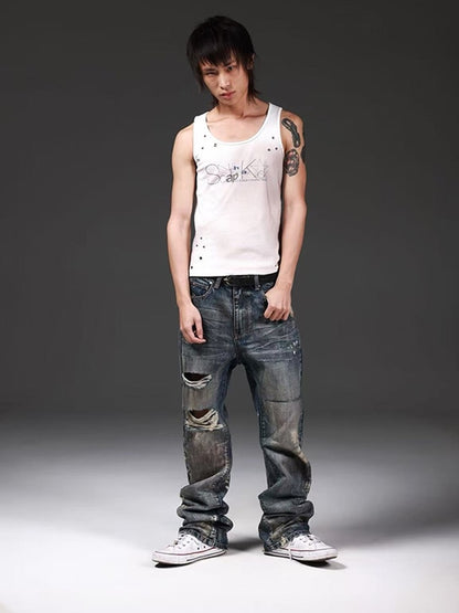 DETW onLine Rust Blue Ink Splash Distressed Ripped Women&