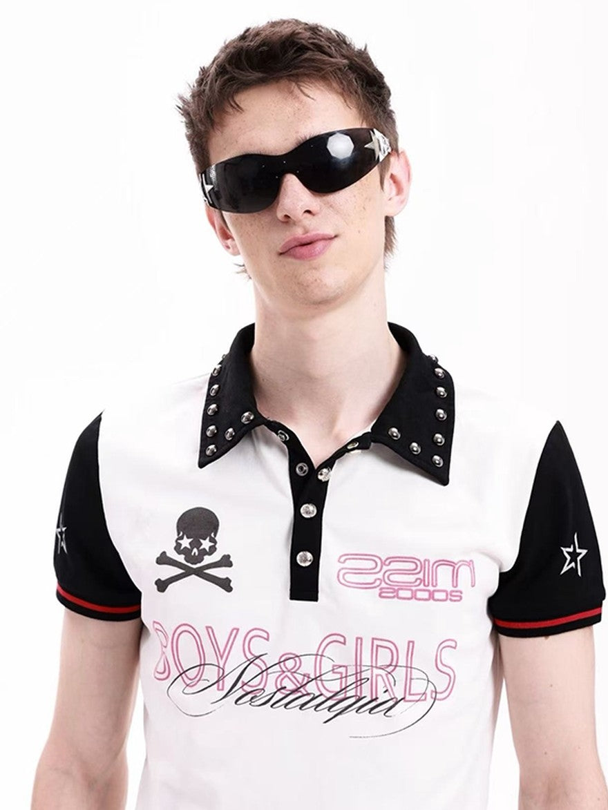 DETW onLine Skull Colorblock Beaded Embroidered Polo Women&