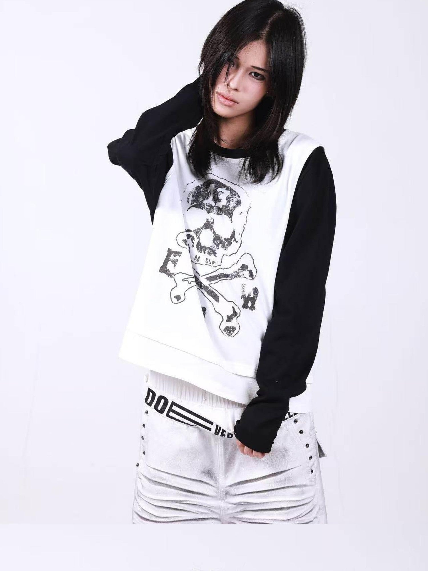 DETW onLine Skull Print Double Neck Contrast Women&