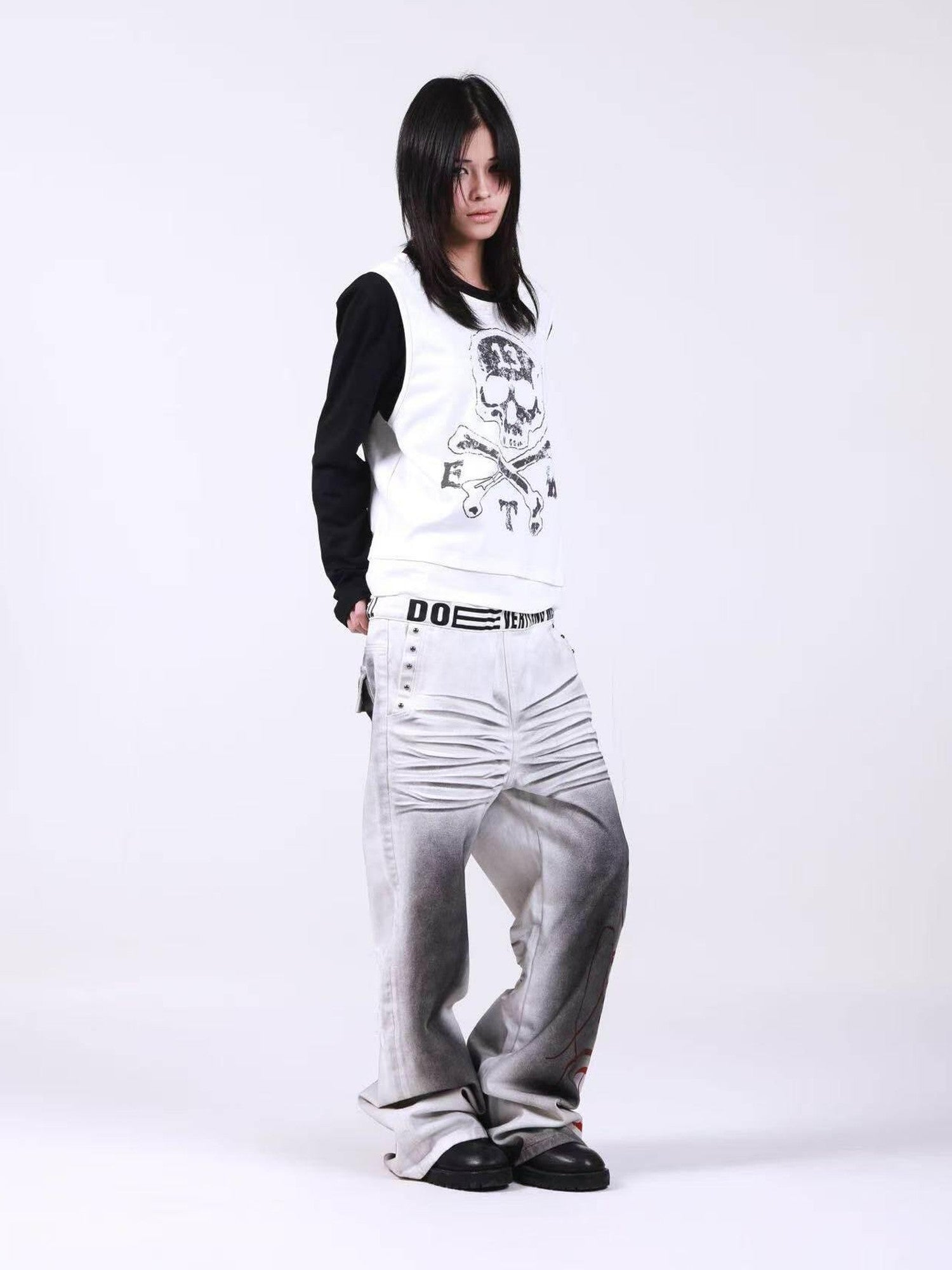 DETW onLine Skull Print Double Neck Contrast Women&