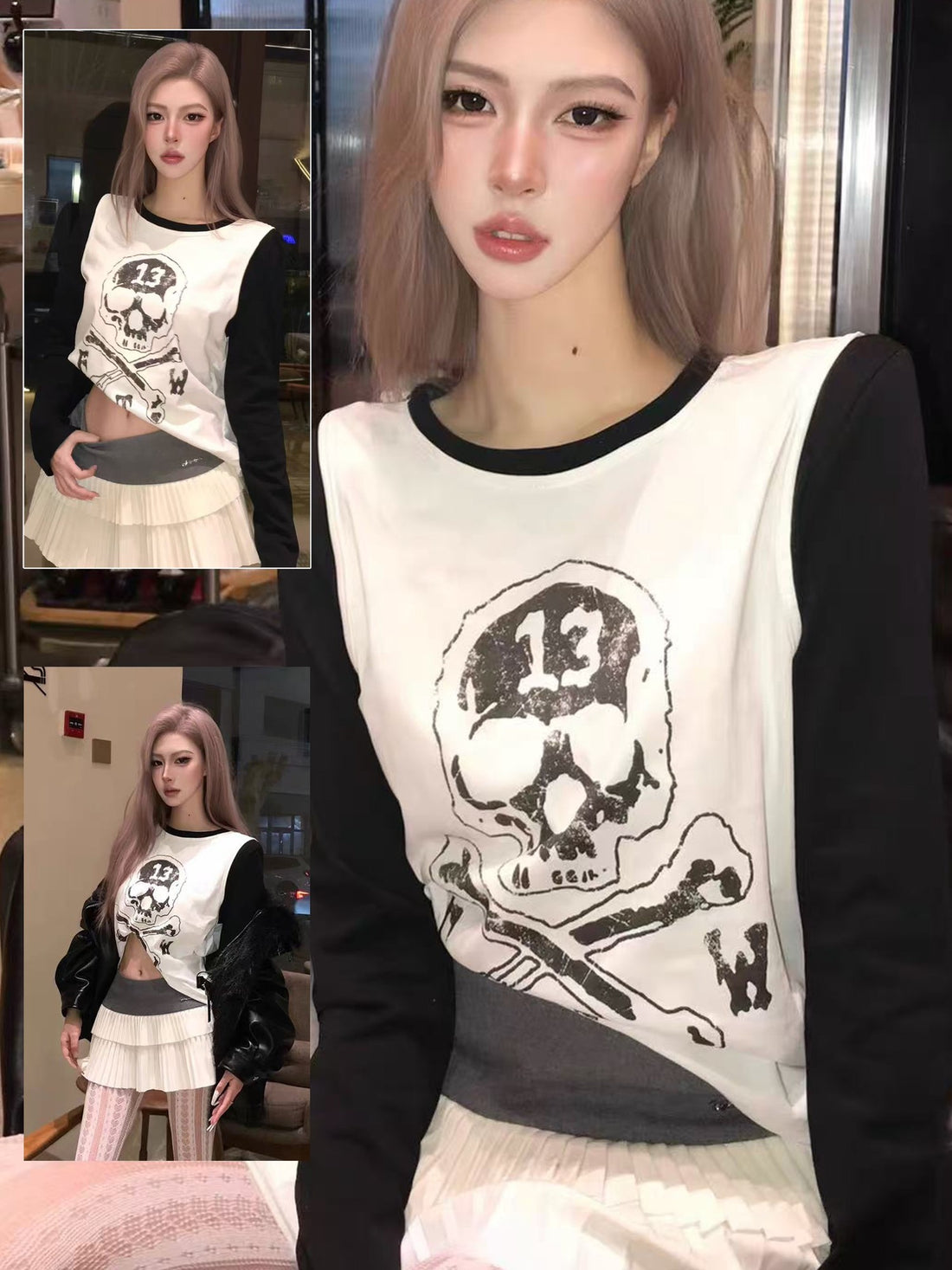 DETW onLine Skull Print Double Neck Contrast Women&