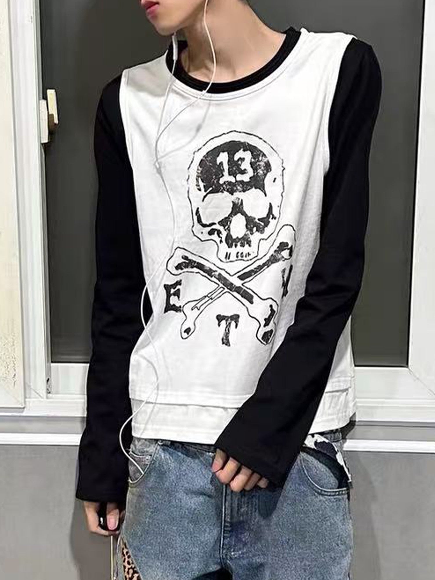DETW onLine Skull Print Double Neck Contrast Women&